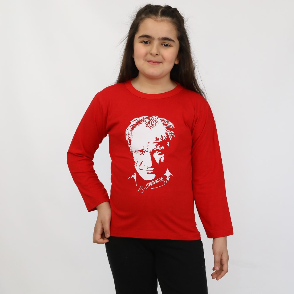 ATATÜRK BASKILI ÇOCUK TİŞÖRT UZUN KOLLU KIRMIZI