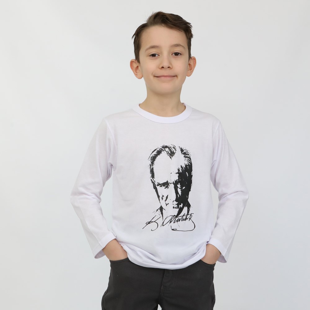ATATÜRK BASKILI ÇOCUK TİŞÖRT UZUN KOLLU BEYAZ