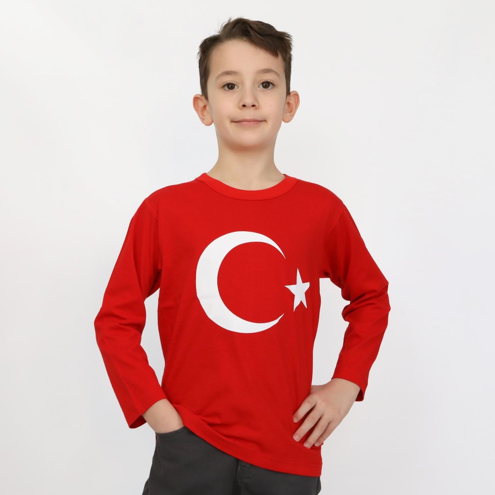 AY YILDIZ BASKILI ÇOCUK TİŞÖRT UZUN KOLLU KIRMIZI